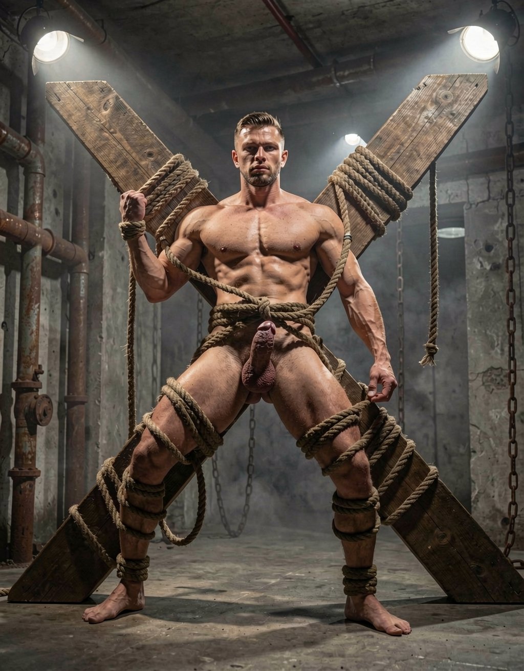 A 25-year-old athletic nude man with realistic anatomy and natural skin tones, completely naked and tightly bound with thick ropes to a large wooden Saint Andrew's cross in a grim industrial dungeon. Dim industrial lighting with harsh spotlights casting dramatic shadows across his muscular torso, exposed genitals, and bound limbs. Rusty pipes, concrete walls, metal chains, and faint fog in the background. Highly detailed photorealistic rendering, cinematic lighting, sharp textures, 8k quality.