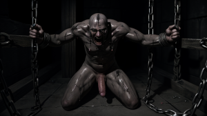 Hombre desnudo, sumiso, torturado en celda oscura, sucia, por la Santa Inquisición, acusado de blasfemia, verdugos con hábitos oscuros de aplican hierros de grandes penes candentes, cadenas, gritos de dolor, atmósfera opresiva, sombras intensas, sufrimiento extremo.
