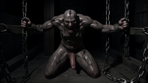 Hombre desnudo, sumiso, torturado en celda oscura, sucia, por la Santa Inquisición, acusado de blasfemia, verdugos con hábitos oscuros de aplican hierros de grandes penes candentes, cadenas, gritos de dolor, atmósfera opresiva, sombras intensas, sufrimiento extremo.