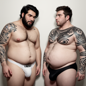 dos hombres juntos, el primero gordito blanco, velludo, con barriga y de cabello negro ondulado usando ropa interior blanca ajustada y con piercing en la nariz y tatuajes de colores en los brazos. El otro delgado, femenino con senos, de piel trigueña, cabeza rapada morena y usando bragas y sosten de color negro