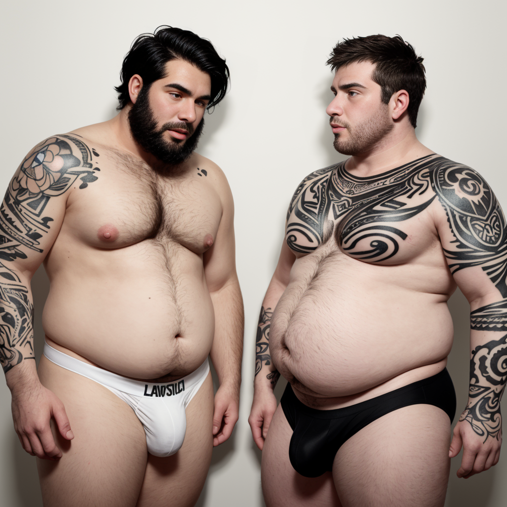dos hombres juntos, el primero gordito blanco, velludo, con barriga y de cabello negro ondulado usando ropa interior blanca ajustada y con piercing en la nariz y tatuajes de colores en los brazos. El otro delgado, femenino con senos, de piel trigueña, cabeza rapada morena y usando bragas y sosten de color negro