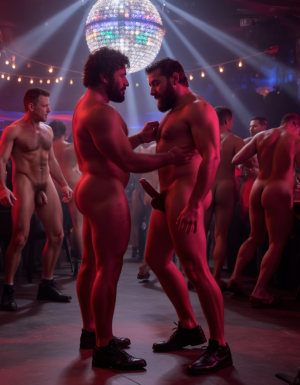 Noche Vieja. En la pista de baile de una discoteca de los años ochenta están Juan y Pedro, tienen calzado elegante pero están totalmente desnudos. Pedro está agachado de rodillas frente al pene de Juan y Juan está de pie.
Juan es un hombre de 50 años de edad, muy atlético y tiene sus músculos muy definidos y peludos, está totalmente desnudo, tiene un pene largo erecto de 35 cm de longitud y 9 cm de diámetro, tiene cabello negro largo y desordenado, tiene barba de pelo abundante de color negro, tiene mucho vello pectoral oscuro abundante, tiene piernas masculinas con mucho vello, tiene brazos peludos brazos muy velludos. Una sonrisa se dibuja en los labios de Juan. Pedro tiene presencia atlética y es muy peludo, mucho pelo por todo su cuerpo.
Pedro es un hombre de 58 años de edad con músculos marcados sin grasa, está totalmente desnudo en la pista de baile, tiene un pene largo de 39 cm de longitud y 9 cm de diámetro, tiene cabello rizado largo de color rojo, tiene vello pectoral rojo oscuro en abundancia, tiene piernas masculinas con mucho vello, tiene brazos peludos brazos muy velludos y muy masculinos. Juan mira a Pedro. La luz de colores de la discoteca envuelve sus figuras.
El aire se llena de luz reflejada de la bola de cristal que hay en el techo y se reflejan brillos luminosos de colores a modo de discoteca años ochenta. Todo lo de alrededor está lleno de adornos navideños y luces de colores. Pedro y Juan continúan flexionando los brazos dejando ver sus desarrollados músculos marcados y bien definidos. En la pared del fondo está el texto luminoso de 
