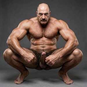 Mike Morris, 32 años, con un físico old-school extremadamente seco y musculado al 8% de grasa corporal, está completamente desnudo en un squat profundo y muy abierto. Sus pies talla 44 están firmes en el suelo, separados más allá de la anchura de los hombros, rodillas flexionadas al máximo y glúteos bajos casi tocando los talones. El torso se mantiene recto y poderoso, pectorales cuadrados y masivos proyectados hacia delante, abdominales de ocho bloques marcados y cintura estrecha.

El brazo izquierdo está extendido hacia delante para mantener el equilibrio, con el bíceps y antebrazo venoso en tensión máxima. La mano derecha baja entre sus muslos abiertos: los dedos gruesos y venosos rodean con fuerza la parte baja del pene, justo donde se une al escroto y cerca de los huevos, sujetándolo firmemente y tirándolo ligeramente hacia arriba. Esta presión corrige la posición de los testículos, que ahora están más arriba, más recogidos y pegados al cuerpo, menos colgantes, claramente visibles justo encima de los dedos que los presionan desde abajo.

El pene flácido de 14 cm, grueso y pesado, con prepucio largo que cubre casi todo el glande rosado y piel más clara que el resto del cuerpo, queda estirado y exhibido. El pubis es un arbusto extremadamente denso, rizado y castaño oscuro que rodea toda la zona y sube casi hasta el ombligo.

El vello corporal castaño oscuro es abundante y uniforme: gruesa T en el pecho, hombros, brazos, abdomen, espalda baja, glúteos y piernas. Desde este ángulo se ve claramente su ano limpio, liso y sin vello en el centro del pliegue entre los glúteos velludos.

Su cabeza muestra calvicie Norwood III-IV con pelo muy corto en laterales y nuca, frente amplia, mandíbula cuadrada con hoyuelo, bigote grueso tipo handlebar perfectamente recortado y mirada marrón oscura intensa y dominante dirigida al frente.

La iluminación es puro estilo Colt Studio de finales de los 70: contraste brutal, luz principal alta y ligeramente lateral que genera sombras profundas bajo los glúteos, entre las piernas y bajo los abdominales, con rim lighting fuerte que resalta cada vena, cada estriación muscular, cada mechón de vello y la textura de la piel bronceada dorado-marrón. Grano analógico sutil, texturas hiperrealistas y presencia masculina cruda, dominante y sexual.

Esta versión corrige la posición de los testículos tal como pediste. ¿Quieres que los suba aún más, que tense más la mano o que hagamos otro ajuste?