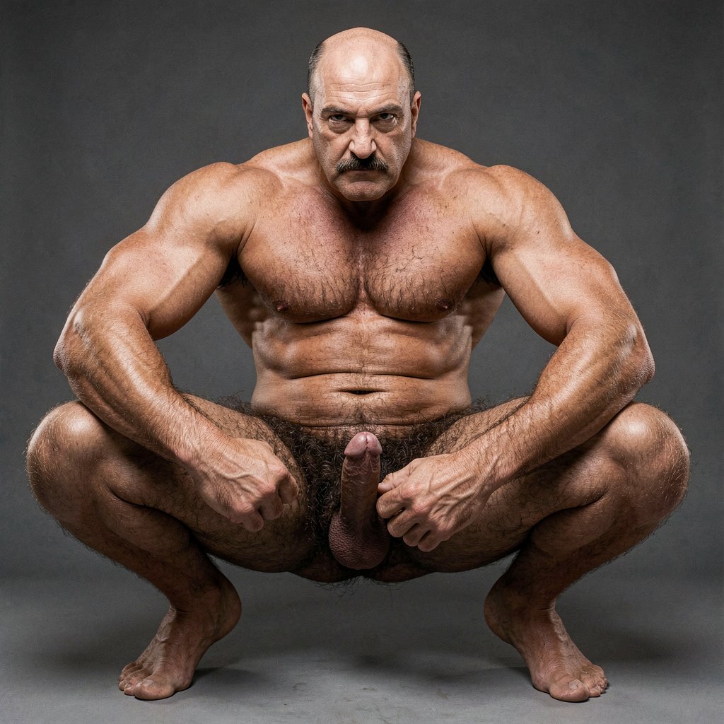 Mike Morris, 32 años, con un físico old-school extremadamente seco y musculado al 8% de grasa corporal, está completamente desnudo en un squat profundo y muy abierto. Sus pies talla 44 están firmes en el suelo, separados más allá de la anchura de los hombros, rodillas flexionadas al máximo y glúteos bajos casi tocando los talones. El torso se mantiene recto y poderoso, pectorales cuadrados y masivos proyectados hacia delante, abdominales de ocho bloques marcados y cintura estrecha.

El brazo izquierdo está extendido hacia delante para mantener el equilibrio, con el bíceps y antebrazo venoso en tensión máxima. La mano derecha baja entre sus muslos abiertos: los dedos gruesos y venosos rodean con fuerza la parte baja del pene, justo donde se une al escroto y cerca de los huevos, sujetándolo firmemente y tirándolo ligeramente hacia arriba. Esta presión corrige la posición de los testículos, que ahora están más arriba, más recogidos y pegados al cuerpo, menos colgantes, claramente visibles justo encima de los dedos que los presionan desde abajo.

El pene flácido de 14 cm, grueso y pesado, con prepucio largo que cubre casi todo el glande rosado y piel más clara que el resto del cuerpo, queda estirado y exhibido. El pubis es un arbusto extremadamente denso, rizado y castaño oscuro que rodea toda la zona y sube casi hasta el ombligo.

El vello corporal castaño oscuro es abundante y uniforme: gruesa T en el pecho, hombros, brazos, abdomen, espalda baja, glúteos y piernas. Desde este ángulo se ve claramente su ano limpio, liso y sin vello en el centro del pliegue entre los glúteos velludos.

Su cabeza muestra calvicie Norwood III-IV con pelo muy corto en laterales y nuca, frente amplia, mandíbula cuadrada con hoyuelo, bigote grueso tipo handlebar perfectamente recortado y mirada marrón oscura intensa y dominante dirigida al frente.

La iluminación es puro estilo Colt Studio de finales de los 70: contraste brutal, luz principal alta y ligeramente lateral que genera sombras profundas bajo los glúteos, entre las piernas y bajo los abdominales, con rim lighting fuerte que resalta cada vena, cada estriación muscular, cada mechón de vello y la textura de la piel bronceada dorado-marrón. Grano analógico sutil, texturas hiperrealistas y presencia masculina cruda, dominante y sexual.

Esta versión corrige la posición de los testículos tal como pediste. ¿Quieres que los suba aún más, que tense más la mano o que hagamos otro ajuste?