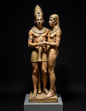 Akhenatón (originalmente llamado Amenhotep IV) fue un faraón egipcio que gobernó durante la Dinastía XVIII (Imperio Nuevo), aproximadamente entre 1353 a.C. y 1336 a.C. Es un hombre faraón de los más fascinantes y revolucionarios de la historia egipcia debido a su radical reforma religiosa. Está totalmente desnudo y en sus pies lleva sandalias de lujo de oro. Tiene un pene erecto de 20 cm de longitud y 8 cm de diámetro. Es admirado por su bello cuerpo de atleta. Tiene grandioso pene de 22 cm de longitud y 9 cm de diámetro y lo tiene en erección. Tiene el pene erecto. Aspecto muy masculino. A su lado hay otro hombre que lo ama, está detrás de él con la mano derecha en su pene, cogiendo el pene con pasión, su pene se lo mete en el ano, meneando la polla y acariciando su culo con amor ❤️ . Tienen todos los músculos en tensión, es una imagen muy masculina y viril.