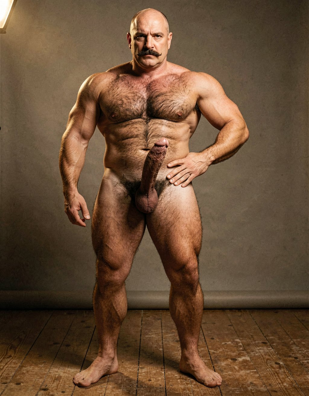 Mike Morris, a powerfully built 32-year-old man with advanced male pattern baldness and a thick dark brown handlebar mustache, stands naked in a warmly lit 1970s studio, his muscular body covered in dense dark brown hair across his broad chest and thick forearms, his erect penis fully exposed and standing long and thick, the prominent glans catching the light, heavy testicles hanging low beneath a dense patch of dark pubic hair. His bare feet are planted firmly on a worn wooden floor, the definition of his calf muscles and quadriceps sharply visible, one hand loosely at his side, the other resting on his hip, his expression intense and direct. Soft golden studio key light from above-left sculpts every detail of his defined pectorals, abdominal six-pack, and the veins running along his forearms and the dorsal side of his erect shaft, with deep shadows under his muscles, the image rendered in ultra-sharp focus with rich warm tones and subtle film grain, capturing the iconic Colt Studio aesthetic at its highest resolution.