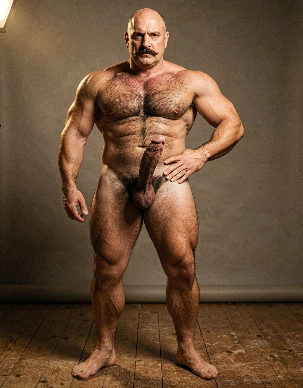 Mike Morris, a powerfully built 32-year-old man with advanced male pattern baldness and a thick dark brown handlebar mustache, stands naked in a warmly lit 1970s studio, his muscular body covered in dense dark brown hair across his broad chest and thick forearms, his erect penis fully exposed and standing long and thick, the prominent glans catching the light, heavy testicles hanging low beneath a dense patch of dark pubic hair. His bare feet are planted firmly on a worn wooden floor, the definition of his calf muscles and quadriceps sharply visible, one hand loosely at his side, the other resting on his hip, his expression intense and direct. Soft golden studio key light from above-left sculpts every detail of his defined pectorals, abdominal six-pack, and the veins running along his forearms and the dorsal side of his erect shaft, with deep shadows under his muscles, the image rendered in ultra-sharp focus with rich warm tones and subtle film grain, capturing the iconic Colt Studio aesthetic at its highest resolution.