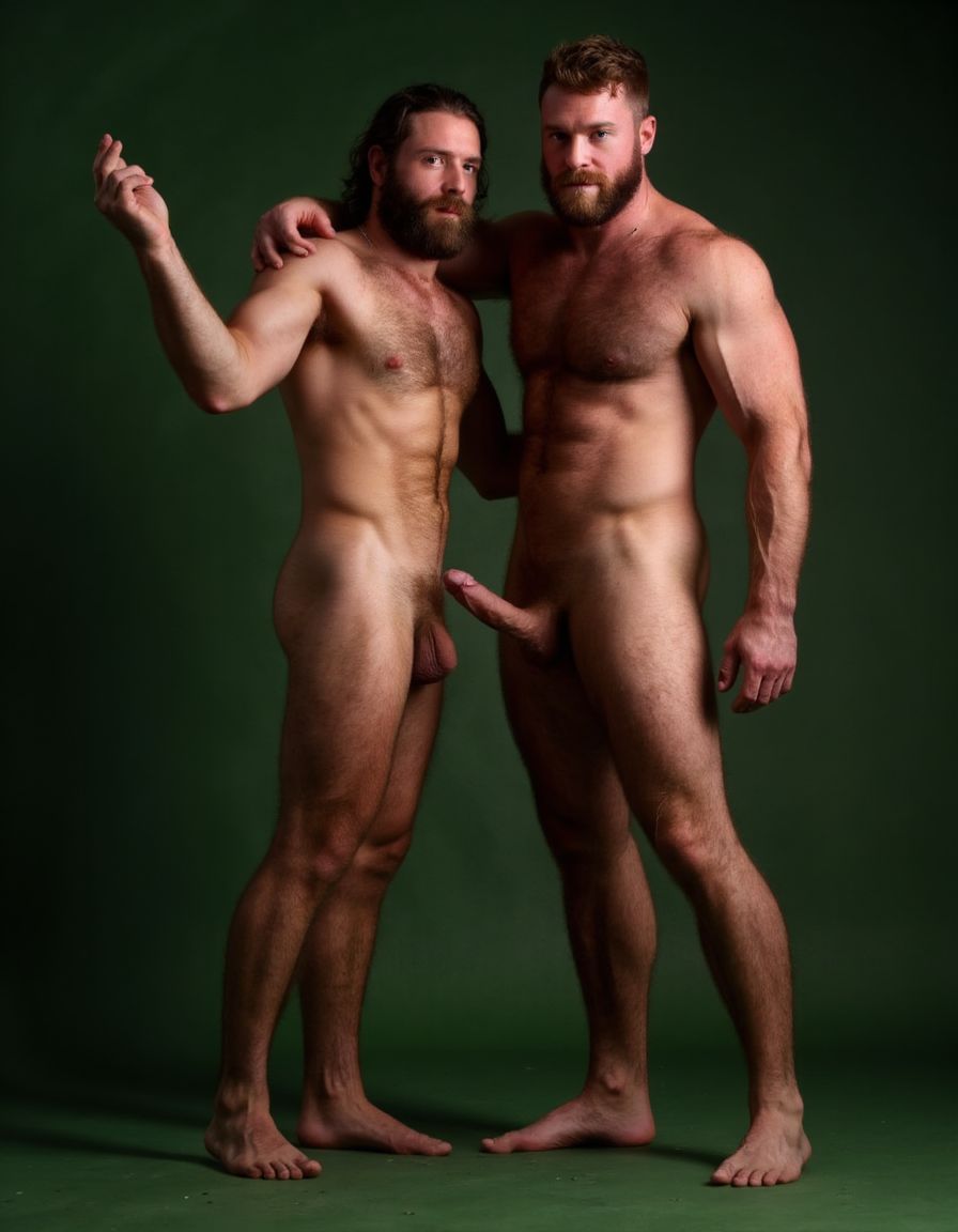 Dos guerreros musculosos de cuerpo delgado y alto, cuerpo completamente desnudo y velludo, mostrando polla venosa de 30 cm de longitud y 5 cm de grosor. Tienen la piel bronceada por el Sol, con pelo muy largo y barba. Tiene pies fuertes. Están contentos. Tienen músculos marcados definidos y sin nada de grasa. Tienen aspecto muy viril. Tienen cuerpo muy delgado pero con los músculos marcados y muy definidos. Están tensos haciendo fuerza para mostrar sus músculos marcados. Fondo verde oscuro. Están abrazados.