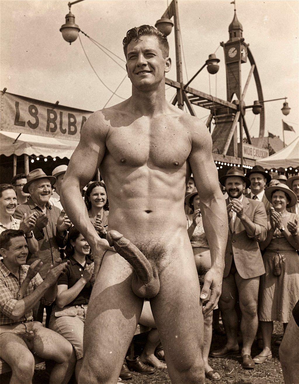 Año 1920. En una verbena o feria de atracciones, un hombre gigante con aspecto nórdico, se muestra desnudo ante la muchedumbre que aplaude. 