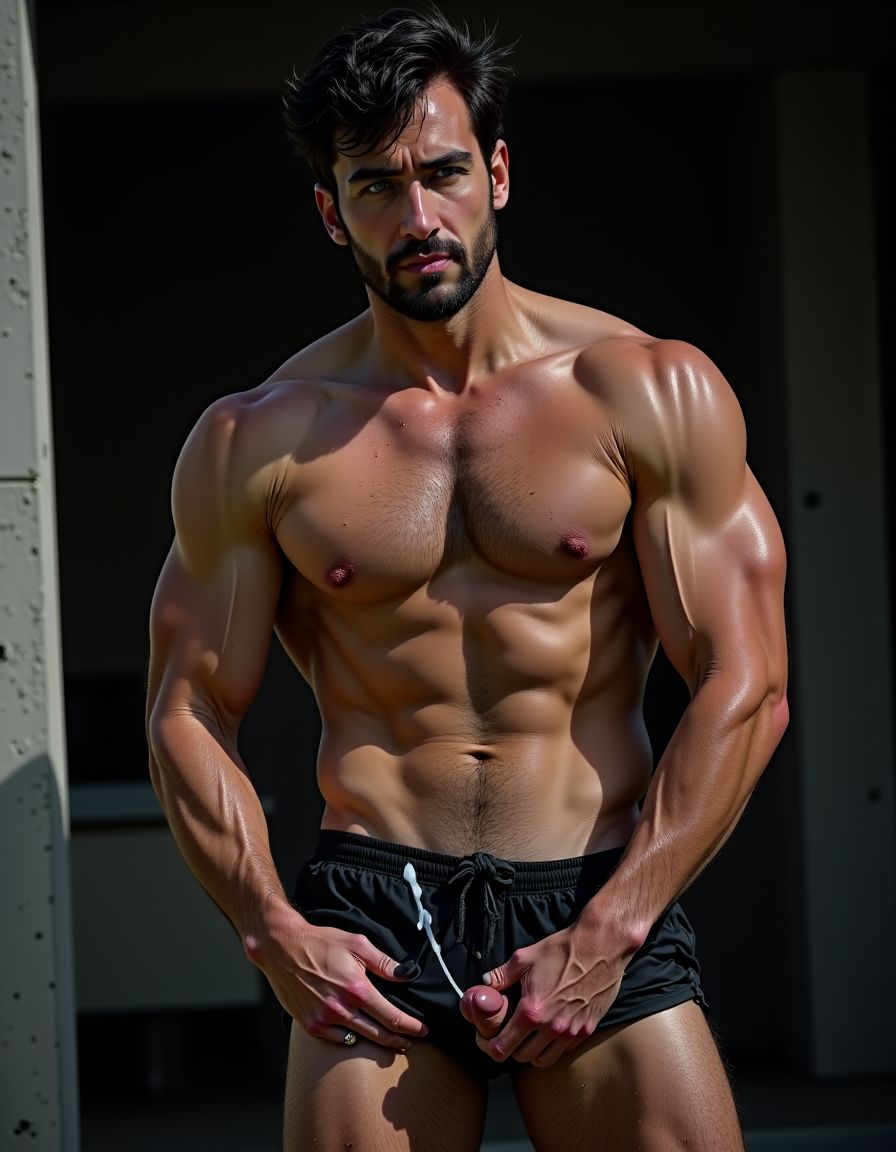 hoyuelo en barbilla, mentón hendido, el mentón está limpio y bien afeitado, NO BARBA y NO BIGOTE, de una cara masculina de un hombre muy viril y musculoso y guapo y sexi de 40 años que tiene mandíbula fuerte y cuadrada, destacando una fisura vertical marcada en el centro del mentón que es el hoyuelo. La cara es de un hombre español musculoso culturista, torso desnudo, constitución corporal extremadamente desarrollada escultural, boca cerrada en sonrisa torcida arrogante burlona, labios carnosos, ojos verdes claro profundos con mirada penetrante directa a cámara cargada de cinismo y dominancia, cejas pobladas densas, cabello denso despeinado hacia atrás en copete desordenado con mechones rebeldes cayendo sobre frente y sienes mostrando textura natural sin producto, cuello musculoso con nuez prominente visible, trapecios enormes elevados como montañas a ambos lados del cuello, pecho descomunal con pectorales gigantescos separados con hendidura profunda central cada fibra muscular visible bajo piel bronceada cubiertos completamente por alfombra densa de vello negro formando manto tupido salvaje sobre toda la superficie con pezones oscuros erectos asomando entre pelaje espeso, abdomen perfectamente esculpido en tableta de ocho secciones profundas con sombras dramáticas entre cada músculo, oblicuos cortados laterales, línea de vello negro denso descendiendo desde centro del pecho entre pectorales por esternón sobre cada abdominal hasta ombligo donde se ensancha formando trail oscuro salvaje continuando descendiendo, brazos con bíceps de gran tamaño con cabezas musculares divididas y venas gruesas azules serpenteando por toda superficie, tríceps marcados en herradura, deltoides esféricos estriados, antebrazos masivos cubiertos de vello negro denso con venas prominentes bajando hasta muñecas, dorsales anchos como alas creando V invertida brutal, piel clara ligeramente bronceada con poros visibles micro imperfecciones naturales lunares y marcas sutiles, vello corporal negro abundante cubriendo completamente pecho abdomen brazos antebrazos cuello en densidad natural masculina sin recortar, iluminación natural lateral dramática creando sombras duras acentuando cada músculo, fondo neutro desenfocado, estilo fotografía editorial cruda realista, grano fotográfico sutil, colores naturales intensos saturados. Está totalmente desnudo. Tiene un  pene erecto enorme de 35 centímetros de largo y muy grueso apuntando hacia arriba entre su cuerpo, venas gruesas pulsantes marcadas recorriendo todo el tronco de su pene, glande hinchado enorme brillante de color rojo púrpura, testículos extremadamente grandes gordos y pesados colgando muy abajo descolgados entre las piernas con piel arrugada tensa bajo el peso, el pene eyaculando activamente múltiples chorros gruesos abundantes de semen blanco espeso disparándose de la punta con fuerza, semen resbalando copiosamente por el glande y tronco formando hilos blancos espesos, gotas gruesas de semen cayendo entre su cuerpo. Tiene anillo de plata en el dedo hallux (primer dedo del pie) de sus pies. Crea imagen del personaje descrito de cuerpo entero desde los dedos de sus pies hasta su cabeza, todo el cuerpo desnudo a la vista de la cámara. Tiene sandalias en sus pies. Fotografía hiperrealista de ultra alta definición 8K plano lateral del cuerpo completo.