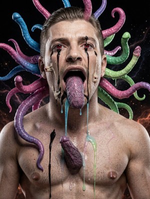 Hombre desnudo de torso en una composición de horror surrealista, con la boca abierta y una lengua larga, morada y rugosa que sobresale de forma grotesca mientras chorros azulados caen desde ella. De sus ojos enrojecidos descienden lágrimas negras como tinta, creando un efecto siniestro y dramático sobre el rostro pálido. Alrededor de la cabeza emergen numerosos tentáculos de colores vivos —rosas, azules, verdes y violetas— que se retuercen como serpientes o apéndices orgánicos, algunos con textura húmeda y bulbosa. El pecho aparece manchado por fluidos oscuros y verdosos, con un apéndice carnoso colgando en el centro, reforzando la estética monstruosa, alienígena y perturbadora sobre un fondo oscuro con destellos rojizos.