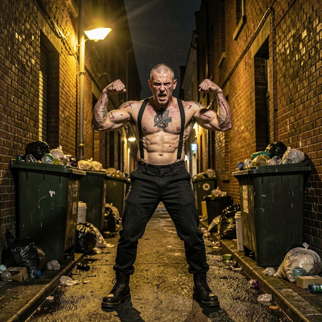 A muscular shirtless man poses in the middle of an urban alley at night, flexing both biceps with an aggressive and defiant expression. He wears black pants with suspenders, military boots, and several visible tattoos on his chest, shoulders, and arms, with a large symbol standing out in the center of his torso. The scene is lit by warm streetlights that contrast with the darkness of the narrow passage between brick walls. On both sides there are overflowing garbage containers, black bags, bottles, and waste scattered across the wet ground, creating a dirty, intense atmosphere with a street aesthetic.
