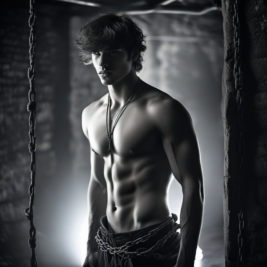 Hombre joven de torso desnudo y físico atlético aparece de pie en un entorno oscuro e industrial, con iluminación dramática en blanco y negro que resalta sus abdominales marcados, hombros y brazos definidos. Lleva el pelo oscuro, ondulado y despeinado, una cadena con colgante al cuello y varias cadenas metálicas rodeando su cintura, reforzando una estética intensa, sombría y ligeramente fetichista. A ambos lados se aprecian cadenas colgantes, paredes de ladrillo y una atmósfera de sótano o almacén abandonado, con luz de contraluz y niebla suave que crean un retrato masculino cinematográfico, sensual y misterioso.