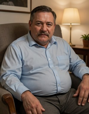 A highly detailed photorealistic portrait of an obese grandfather with a thick bushy mustache, sagging jowls and realistic body fat folds, warm indoor lighting, soft shadows, detailed wrinkled skin texture, sitting in an armchair, cinematic composition, sharp focus, 8k quality