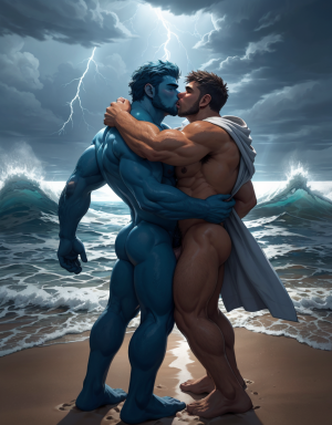 Neptuno es dios de los mares, las tempestades y los vientos. Es un dios malhumorado y violento. Está desnudo. Tiene mucho vello. Está llamando a los monstruos del océano. Está andando sobre la arena de la playa. Tiene un pene largo y erecto. Tiene los pies desnudos. Está enamorado de él dios Júpiter el y se besan.