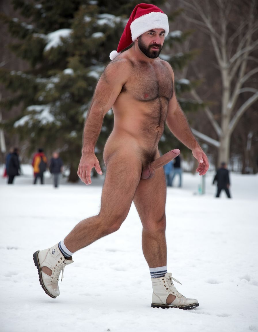 La Navidad. Papá Noel es un hombre de 40 años, atleta, está delgado y tiene músculos marcados y definidos, es muy varonil, tiene barba blanca abundante. Solo tiene el gorro de papá Noel porque está totalmente desnudo enseñando su musculatura de atleta y bronceada, tiene mucho vello blanco que cubre sus músculos pectorales y el abdomen y también en sus piernas. Tiene sandalias blancas en sus pies. Barba abundante blanca de papá Noel. Es el Papá Noel del año 2025, con mucha alegría y mucho sexo gay. Aspecto muy masculino salvaje. Pene erecto de 20cm de longitud y 8cm de diámetro. Abundante vello blanco por todo el cuerpo. Está andando sobre la nieve con sus botas blancas, mientras su pene erecto se balancea entre sus piernas y sus testículos botan. Está desnudo. Está masturbando su pene hasta eyacular moviendo los testículos a la misma vez hacia abajo