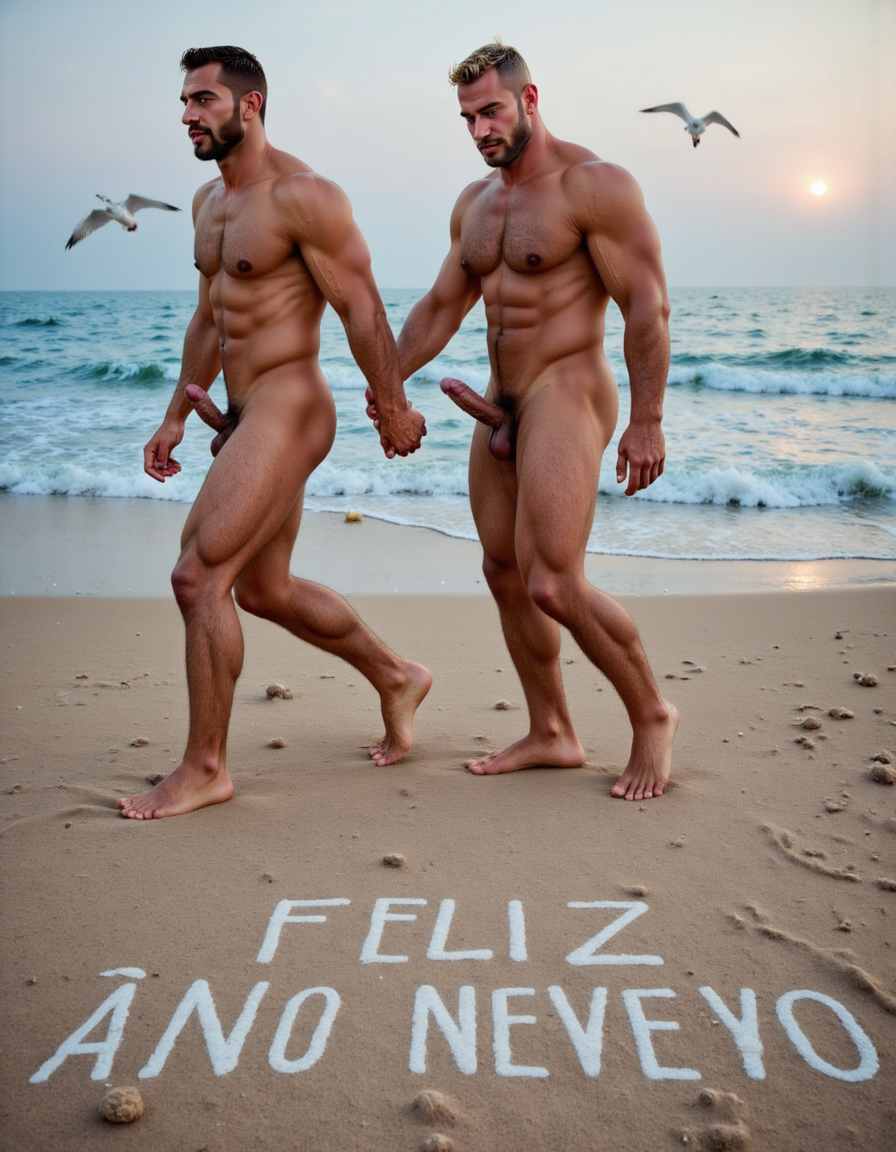Día de Año Nuevo 2026. Dos hombres llamados Juan y Pedro, tienen los pies descalzados pero están totalmente desnudos. 

Juan es un hombre de 50 años de edad, muy atlético y tiene sus músculos muy definidos y es muy peludo, está totalmente desnudo, tiene un pene largo erecto de 36cm de longitud y 9cm de diámetro, tiene cabello negro largo ondulado y desordenado, tiene mucho vello pectoral, tiene piernas masculinas con abundante vello, tiene brazos peludos,  su cara tiene forma cuadrada tiene mentón prominente con hoyuelo muy pronunciado y muy masculino, su barba está bien afeitada y su cara está muy limpia resaltando sus facciones masculinas. 

Pedro es un hombre de 58 años de edad con músculos marcados sin grasa, está totalmente desnudo, tiene un pene largo de 39 cm de longitud y 9 cm de diámetro, tiene cabello pelirrojo rizado abundante y largo de color rojo, tiene abundante vello pelirrojo pectoral de color rojo oscuro en abundancia, tiene piernas masculinas con mucho vello, tiene brazos peludos y muy masculinos. Pedro tiene presencia atlética y es muy peludo, mucho pelo por todo su cuerpo. 

Pedro y Juan enseñan sus músculos muy marcados y bien definidos, están de pie cogidos de la mano en la arena de la playa con olas azules y con el Sol amaneciendo reflejándose los primeros rayos del Sol sobre el agua del mar al amanecer mientras vuelan dos gaviotas. En la arena de la playa está trazado el texto: 