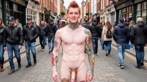 Un hombre desnudo posa de pie en mitad de una calle comercial adoquinada, mirando de frente con una sonrisa relajada mientras a su alrededor caminan peatones vestidos con chaquetas y vaqueros. Tiene el pelo rojizo peinado en una cresta alta, piel clara, cuerpo delgado y definido, y numerosos tatuajes de colores en el cuello, los brazos, el pecho y las piernas. Su pene y el vello púbico quedan completamente visibles, contrastando con el entorno urbano cotidiano de tiendas, escaparates, edificios de ladrillo y gente paseando por una zona peatonal concurrida. La escena combina desnudez pública, actitud desafiante y ambiente de ciudad moderna.