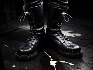 Botas de cuero skin negras, manchadas de semen blanco y viscoso, con textura rugosa y brillo intenso, detalles de salpicaduras y gotas en la superficie, fondo oscuro y sombrío, enfoque en las manchas y la textura del cuero.
