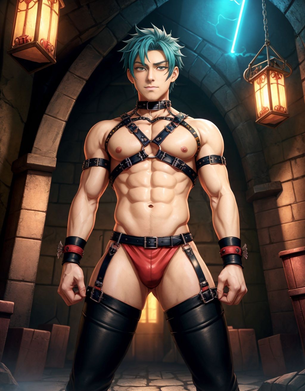 Hombre con arnes en una mazmorra gotica bdsm 
