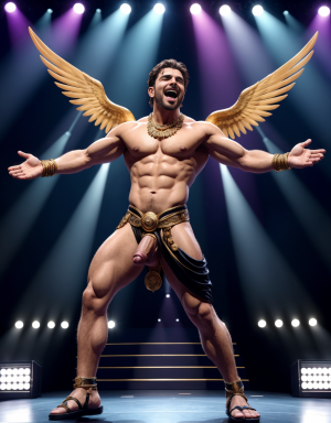 Hermes es el dios de los mensajeros, el comercio, los ladrones, y los viajeros. Tiene sandalias. Tiene un caduceo. Tiene pene grande y largo. Tiene testículos muy grandes. Está acariciando su pene con la mano izquierda. Está cantando en eurovisión con bailarines desnudos y apasionados