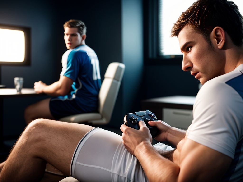 Two men playing videogames ( visible penis ), ( white underwear), (( sport clothes))