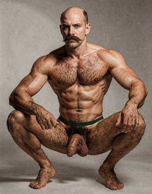Mike Morris, a 32-year-old extremely lean Caucasian male with only 8% body fat, stands completely naked in a strict military attention pose captured in a full-body three-quarter view at a slight 45-degree angle. The shot runs from the tips of his size 44 slightly hairy feet all the way up to the top of his bald head, showing his entire body without any cropping. His physique is dry, vascular and powerfully defined: massive square pectorals covered in dense dark brown chest hair forming a thick T-pattern, sharply carved six-pack abs, narrow waist, wide flaring lats, and thick muscular thighs with dense dark hair. Dramatic directional studio lighting falls from high and slightly to the left, creating bright highlights on his tanned skin, the texture of his dense body hair across his chest, lower back and legs, and deep shadows that accentuate every muscle separation and vein. His advanced Norwood III-IV bald scalp is clearly visible, with short dense dark brown hair only on the sides and back of his head. His square, angular face with prominent jaw, thick dark handlebar mustache, heavy brows and intense deep-set brown eyes stares straight ahead with a serious, commanding expression. His penis is fully visible, completely natural and realistic: thick, 24 cm long when erect, with natural upward curve, prominent veins along the shaft, long foreskin that partially covers the pink-red glans, and realistic skin texture noticeably lighter than his bronzed body. Below it hang his large, low-hanging testicles with wrinkled darker skin and dense dark brown hair. The extremely thick, curly dark brown pubic bush climbs almost to his navel and spreads generously around the base of his cock and balls. Every detail from his veined hands and forearms to his diamond calves and hairy toes is perfectly proportioned and anatomically correct. Photorealistic, high-contrast, masculine 1970s Colt Studio aesthetic with subtle grainy film texture. Tiene puesto un ajustado tanga estrecho verde oscuro. Está agachado. 
