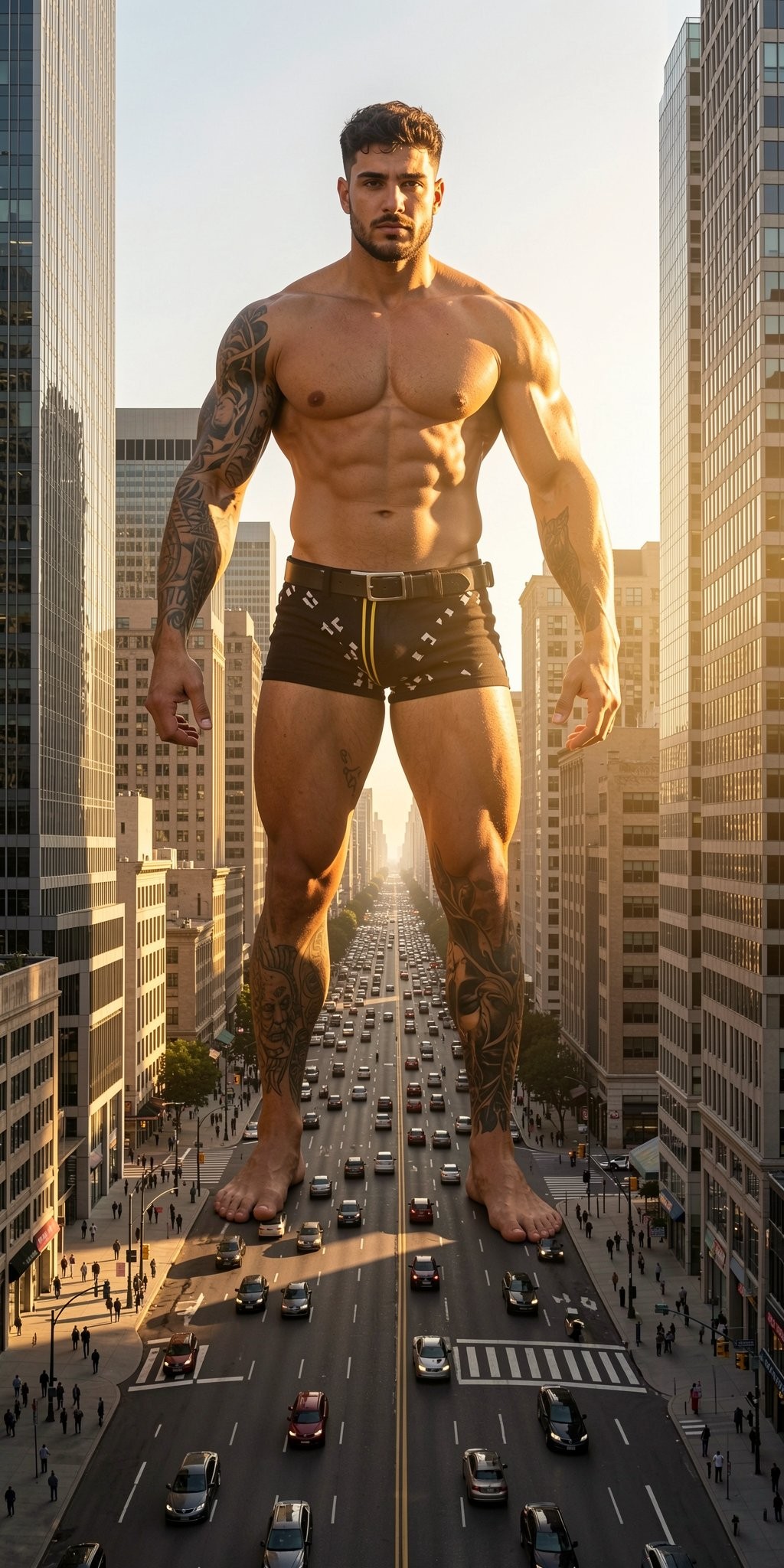 A gigantic, muscular, half-naked man appears standing among skyscrapers on a large urban avenue, with colossal proportions that make him tower above the buildings and cars. He wears only tight black boxer briefs with gold details, showing a defined torso, marked abs, pectorals, strong arms, and very developed legs; he has a short beard, dark hair, and several visible tattoos on his arm and leg. His bare feet occupy part of the roadway while the traffic, pedestrians, and crosswalks look tiny around him. The scene, lit by warm sunset light, has a fantastic, cinematic tone of an urban giant among modern architecture.