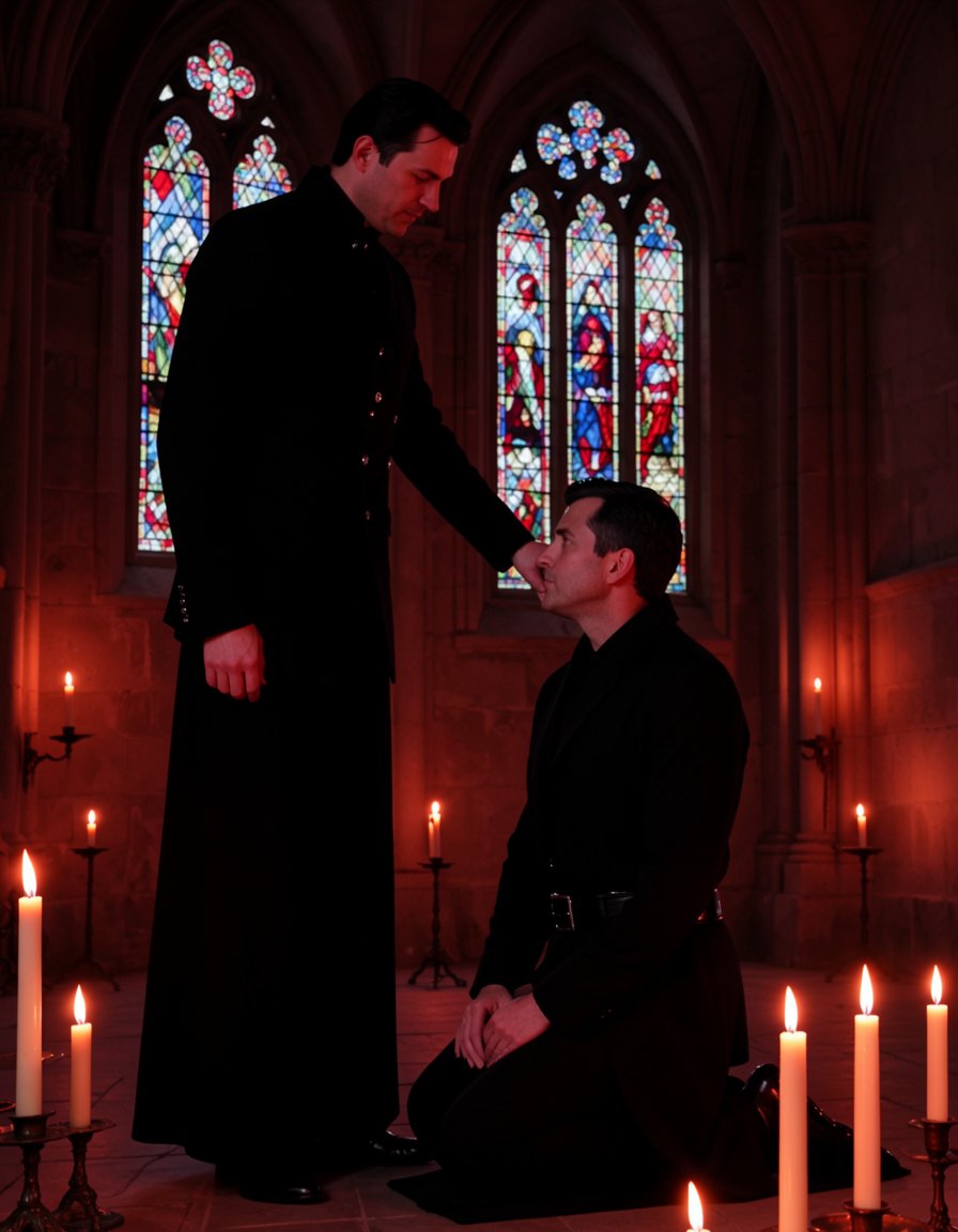 Escena de ritual gótico, figura dominante de pie detrás de hombre sumiso arrodillado, ambos vestidos con ropa oscura y elegante, sombras como de catedral, velas, luz ambiente roja, simbólico, cinematográfico, composición dramática, (ropa oscura:1.2) (elegante:1.1) (sombras:1.3), iluminación tenue, (velas:1.2) (luz roja:1.1), atmósfera misteriosa, (misterioso:1.2).

La figura dominante, un hombre alto y delgado con cabello negro y ojos intensos, viste un traje negro con cuello alto y botones de plata, (traje negro:1.2) (cabello negro:1.1), mientras que el hombre sumiso, de rodillas en el suelo, lleva una túnica negra con mangas largas y un cinturón de cuero, (túnica negra:1.2) (cinturón de cuero:1.1).

En el fondo, se ven arcos góticos y vitrales que filtran la luz roja, creando un ambiente sombrío y dramático, (arco gótico:1.2) (vitrales:1.1), mientras que en primer plano, las velas y la luz de las antorchas crean un efecto de iluminación dramático, (velas:1.2) (antorcha:1.1).

En el momento culminante del ritual, la figura dominante se inclina hacia adelante y susurra al oído del hombre sumiso: Con este beso, te reclamo, (beso:1.2) (reclamo:1.1), mientras que con esta mordida, te sello, (mordida:1.2) (sello:1.1), en un gesto que simboliza la sumisión y el dominio, (sumisión:1.2) (dominio:1.1).

Estilo barroco, (barroco:1.3), con detalles altamente realistas y una estética de fantasía oscura, (fantasía oscura:1.2), que evoca un mundo de misterio y poder, (misterio:1.2) (poder:1.1).