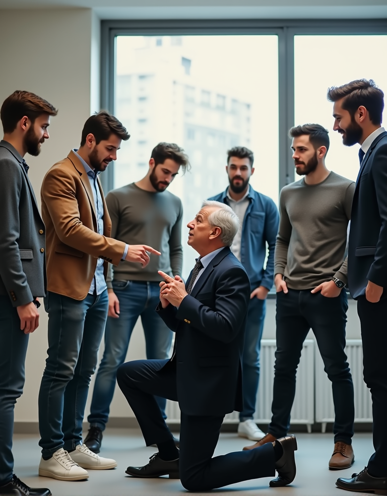 Poniendo al jefe de rodillas.

A group of young men (ages 21-28, well-dressed, stylish casual wear) mocking and pointing at a single older man (over 45, visible gray hair, business suit), forcing him to kneel in front of them in a bright modern room. The young men smirk with confidence, the older man shows visible embarrassment and submission. Emphasis on age contrast and body language humiliation.