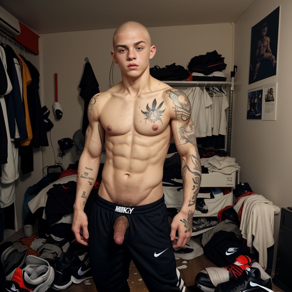 Hombre de 21 años, tipo scally, pene visible, vistiendo zapatillas Nike, pantalones deportivos bajados, torso desnudo, tatuajes visibles, cabello despeinado, mirada descarada, fondo de habitación desordenada, ropa tirada, luz tenue, ambiente relajado, piel bronceada, musculatura definida.