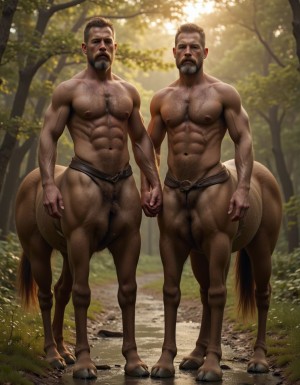 Dos centauros masculinos de aspecto hiperrealista posan de pie en un sendero de bosque, con torsos humanos desnudos, musculatura muy marcada, abdominales definidos, brazos fuertes y expresión seria bajo una luz cálida que entra entre los árboles. Sus cuerpos combinan la parte superior humana con cuartos traseros de caballo marrón, patas equinas y pezuñas apoyadas sobre el camino húmedo, creando una figura mitológica poderosa y simétrica. Ambos llevan una pequeña prenda o arnés de cuero oscuro en la zona de la cintura, mientras sus colas caen hacia atrás. El entorno natural, con vegetación verde, troncos, niebla suave y luz dorada de amanecer o atardecer, refuerza una atmósfera fantástica, épica y selvática.