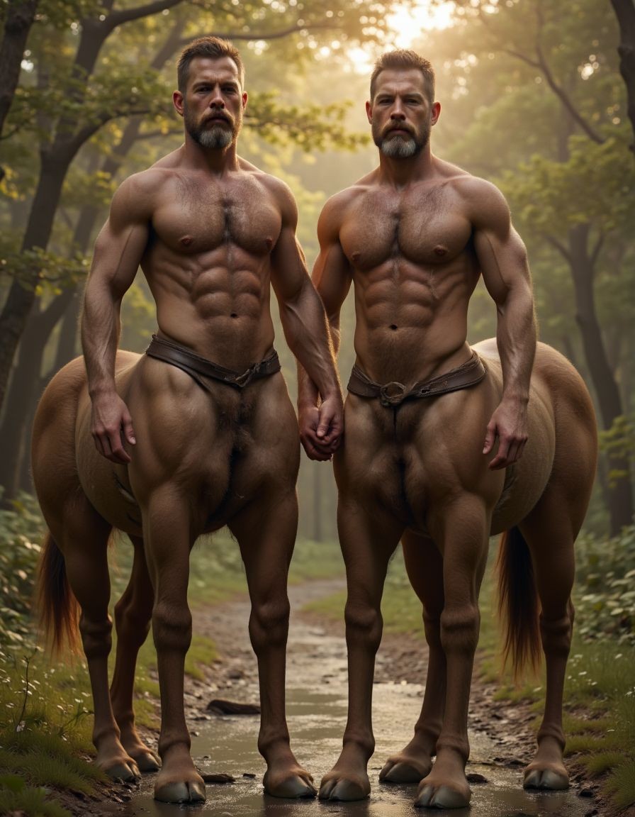 Two male centaurs with a hyperrealistic appearance pose standing on a forest path, with bare human torsos, very pronounced musculature, defined abs, strong arms, and serious expressions under warm light filtering through the trees. Their bodies combine the human upper half with brown horse hindquarters, equine legs, and hooves resting on the damp path, creating a powerful and symmetrical mythological figure. Both wear a small dark leather garment or harness around the waist, while their tails fall backward. The natural setting, with green vegetation, trunks, soft mist, and golden dawn or sunset light, reinforces a fantastical, epic, and jungle-like atmosphere.