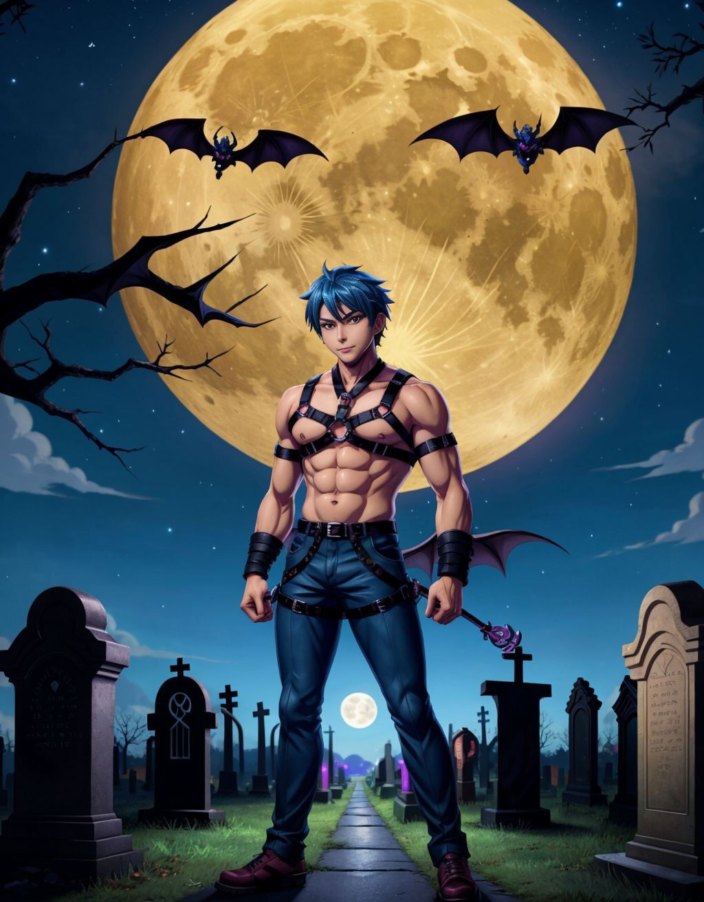 Hombre con arnes, de noche en un cementerio, luna llena y murcielagos