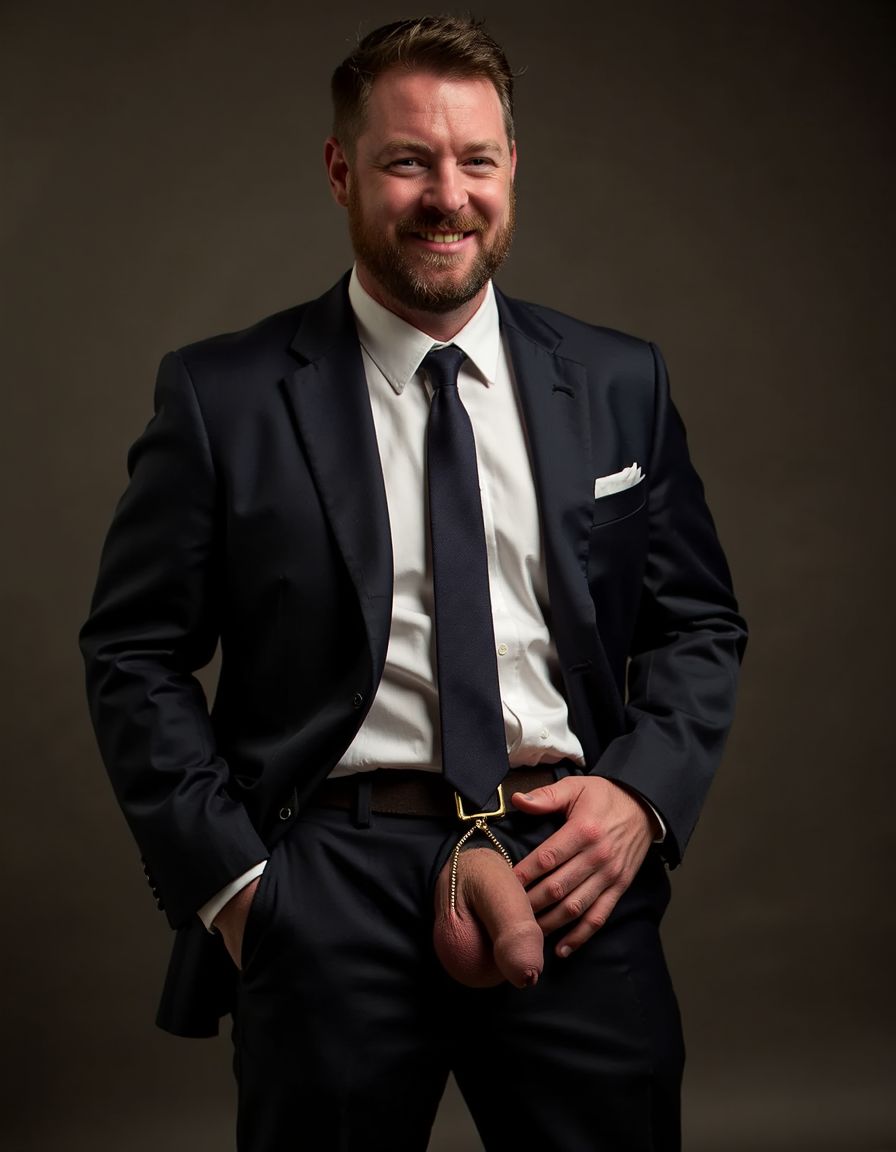 Hombre de 30 años con rasgos maduros y una barba bien definida, vestido con un traje elegante de color oscuro que resalta su figura masculina. La camisa blanca y la corbata oscura complementan su atuendo, mientras que el pantalón ajustado deja entrever la jaula de castidad que lleva debajo. La jaula de castidad es visible a través del cierre del pantalón, y se puede apreciar cómo encierra completamente la polla, dejando los testículos bien sujetos y prominentes. La imagen es hiperrealista y detallada, con texturas y sombras que realzan la figura del hombre y la jaula de castidad. El hombre adopta una postura confiada y segura, con una ligera sonrisa en el rostro que sugiere una mezcla de satisfacción y anticipación. La iluminación es suave y natural, resaltando los contornos del cuerpo y la jaula de castidad, y creando un ambiente íntimo y sensual. La jaula de castidad es el foco principal de la imagen, y se puede apreciar cómo ejerce su función de restricción, mientras que el hombre parece disfrutar de la sensación de ser contenido y controlado. La imagen es una representación explícita y detallada de la escena, sin censura ni rodeos. La polla está totalmente enjaulada.