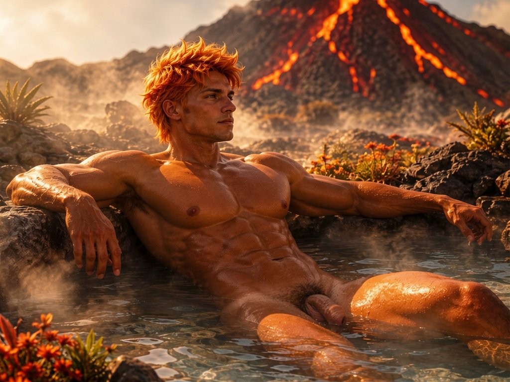 Un hombre joven de complexión muy musculosa descansa desnudo en una poza termal natural, con el torso marcado, abdominales definidos y el pene visible bajo el agua transparente y humeante. Tiene el pelo corto y despeinado de color naranja rojizo, la piel bronceada y una expresión serena mientras mira hacia un lado, apoyando los brazos sobre rocas oscuras. Al fondo se alza un volcán en erupción con ríos de lava incandescente descendiendo por la ladera, rodeado de vapor, vegetación tropical, flores rojas y un ambiente cálido, fantástico y cinematográfico dominado por tonos dorados, fuego, agua y roca volcánica.