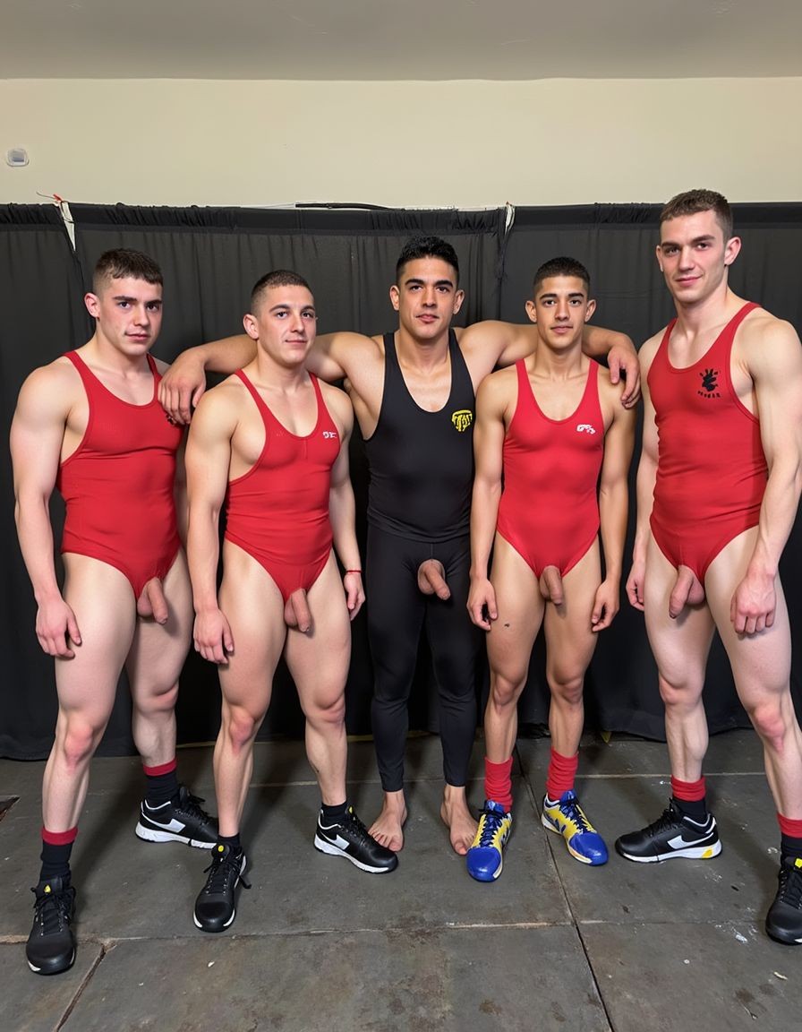 Cinco luchadores posan de pie en un vestuario o zona de competición, alineados frente a una cortina negra sobre un suelo gris de gimnasio. Cuatro llevan maillots rojos de lucha ajustados con tirantes, calcetines rojos y zapatillas deportivas de combate, mientras el deportista central viste un maillot negro sin mangas y mallas negras hasta el tobillo, con zapatillas azules. Todos tienen complexión atlética y musculosa, piernas fuertes y brazos marcados, con los trajes ceñidos resaltando claramente la zona del pecho, las caderas y el bulto de la entrepierna. Algunos se abrazan por los hombros, transmitiendo compañerismo de equipo, concentración y ambiente de torneo de lucha olímpica o wrestling.