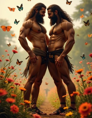 Dos guerreros musculosos delgados y altos, cuerpo completamente desnudo y velludo, mostrando polla venosa de 35 cm de longitud y 7 cm de grosor. Tienen la piel bronceada por el Sol, con pelo muy largo y barba. Tiene sandalias negras en sus pies fuertes. Están contentos. Tienen músculos marcados definidos y sin nada de grasa. Tienen aspecto muy viril. Tienen cuerpo muy delgado pero con los músculos marcados y muy definidos. Están tensos haciendo fuerza para mostrar sus músculos marcados. Uno de los guerreros está detrás del otro abrazándole la cintura por la espalda. Juntan el pene del que está detrás con el culo del que está delante. Tienen sus penes erectos y están a la vista del espectador. Por sus penes erectos. Fondo de mil de mariposas volando y fondo de muchas flores de todos los colores en las que se ven los reflejos de las sombras de los cuerpos. 