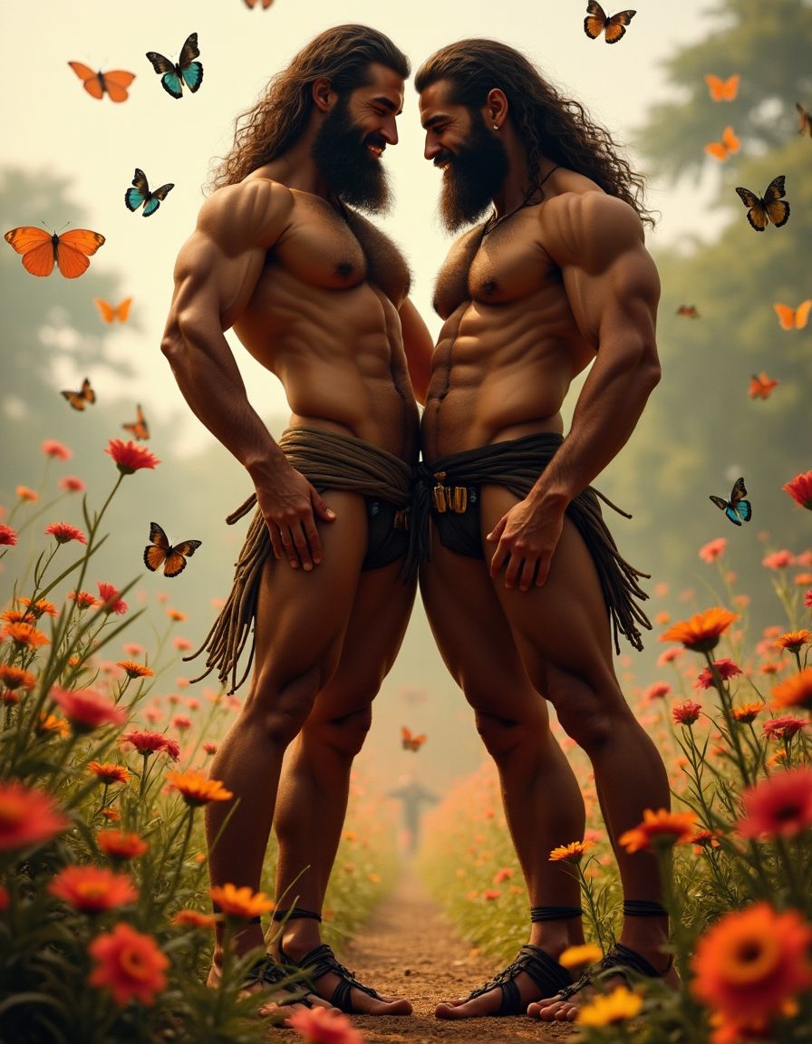 Dos guerreros musculosos delgados y altos, cuerpo completamente desnudo y velludo, mostrando polla venosa de 35 cm de longitud y 7 cm de grosor. Tienen la piel bronceada por el Sol, con pelo muy largo y barba. Tiene sandalias negras en sus pies fuertes. Están contentos. Tienen músculos marcados definidos y sin nada de grasa. Tienen aspecto muy viril. Tienen cuerpo muy delgado pero con los músculos marcados y muy definidos. Están tensos haciendo fuerza para mostrar sus músculos marcados. Uno de los guerreros está detrás del otro abrazándole la cintura por la espalda. Juntan el pene del que está detrás con el culo del que está delante. Tienen sus penes erectos y están a la vista del espectador. Por sus penes erectos. Fondo de mil de mariposas volando y fondo de muchas flores de todos los colores en las que se ven los reflejos de las sombras de los cuerpos.  Dos guerreros musculosos delgados y altos, cuerpo completamente desnudo y velludo, mostrando polla venosa de 35 cm de longitud y 7 cm de grosor. Tienen la piel bronceada por el Sol, con pelo muy largo y barba. Tiene sandalias negras en sus pies fuertes. Están contentos. Tienen músculos marcados definidos y sin nada de grasa. Tienen aspecto muy viril. Tienen cuerpo muy delgado pero con los músculos marcados y muy definidos. Están tensos haciendo fuerza para mostrar sus músculos marcados. Uno de los guerreros está detrás del otro abrazándole la cintura por la espalda. Juntan el pene del que está detrás con el culo del que está delante. Tienen sus penes erectos y están a la vista del espectador. Por sus penes erectos. Fondo de mil de mariposas volando y fondo de muchas flores de todos los colores en las que se ven los reflejos de las sombras de los cuerpos.