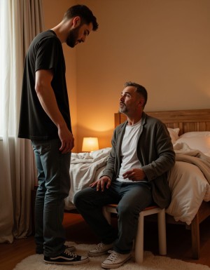 A tiny 42-year-old man sitting on a small child's chair next to a bed, measuring only half a meter tall, being treated like a boy by his 22-year-old son who is much taller and bigger. The small man looks up at his son with a mixture of humiliation and acceptance. The bedroom setting is realistic and detailed, with warm lighting. The contrast in size between the father and son is extreme and obvious. The small man is wearing casual clothes that fit his tiny frame. High quality, realistic photography style, detailed facial expressions showing the power dynamic between them.