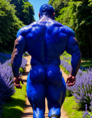 Dos Hombres azul desnudos musculosos azul, tiene pene color azul, tiene testículos color azul. Tiene sandalias azules. Tiene mucho vello. Tiene pelo azul largo ondulado azul. Tiene pezones grandes largos y puntiagudos. Está andando por un camino en el campo con flores azules. Pezones lanzando líquido blanco por sus pezones.