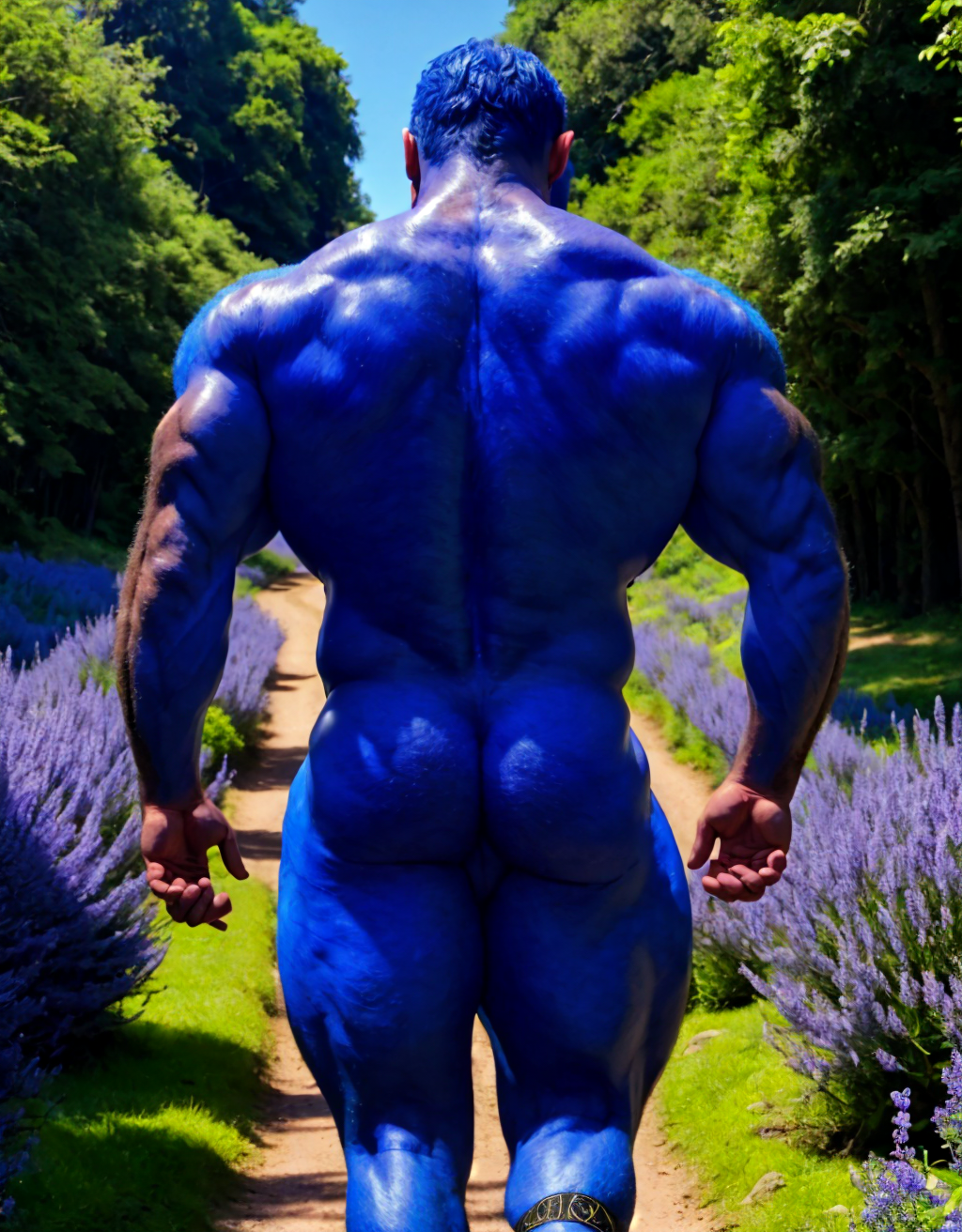 Dos Hombres azul desnudos musculosos azul, tiene pene color azul, tiene testículos color azul. Tiene sandalias azules. Tiene mucho vello. Tiene pelo azul largo ondulado azul. Tiene pezones grandes largos y puntiagudos. Está andando por un camino en el campo con flores azules. Pezones lanzando líquido blanco por sus pezones.