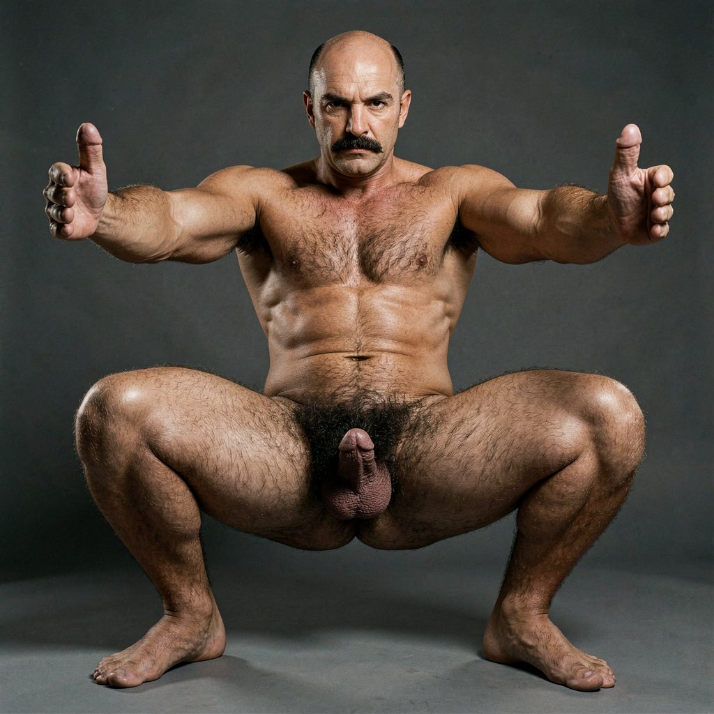 Mike Morris, 32 años y con solo un 8% de grasa corporal, está completamente desnudo agachado en posición de squat profundo, con los pies firmemente plantados en el suelo y los brazos extendidos hacia delante para mantener el equilibrio. La imagen es un plano entero de cuerpo completo sin ningún recorte, desde la punta de sus pies talla 44 hasta la coronilla calva.

Sus pies están separados a la anchura de los hombros, con los talones apoyados y los dedos ligeramente abiertos, mostrando el vello oscuro en el empeine y los dedos. Las rodillas están flexionadas al máximo, los muslos casi paralelos al suelo y los glúteos bajos y redondeados casi tocando los talones. El torso se mantiene recto y erguido, pectorales cuadrados y masivos empujados hacia delante, abdominales de ocho bloques fuertemente contraídos y cintura extremadamente estrecha. Los brazos están extendidos al frente con los codos ligeramente flexionados y las manos abiertas, bíceps y antebrazos venosos en plena tensión.

El vello corporal castaño oscuro denso cubre con brutal realismo el pecho en gruesa T que baja por el abdomen casi hasta el ombligo, hombros, brazos, espalda baja, glúteos y piernas. El pubis es un arbusto extremadamente poblado, rizado y oscuro que rodea un solo pene flácido de 14 cm, grueso y pesado, con prepucio largo que cubre casi todo el glande rosado y piel más clara. Los testículos grandes, bajos y arrugados cuelgan pesadamente entre los muslos abiertos, completamente visibles y rodeados de vello denso. Desde este ángulo agachado se aprecia también su ano limpio, liso y sin vello en el centro del pliegue entre los glúteos velludos.

Su cabeza muestra calvicie Norwood III-IV con pelo muy corto y oscuro en laterales y nuca, frente amplia, mandíbula cuadrada con hoyuelo, bigote grueso tipo handlebar perfectamente recortado y mirada marrón oscuro intensa y dominante dirigida al frente.

La iluminación es dramática de estudio al más puro estilo Colt Studio de finales de los 70: luz principal alta y ligeramente frontal que crea sombras profundas bajo los glúteos, muslos y abdominales, con rim lighting fuerte que resalta cada curva muscular, cada vena, cada mechón de vello corporal y la textura de la piel bronceada. Alto contraste extremo, grano analógico sutil y una presencia masculina cruda, imponente y hiperrealista.

¿Quieres que lo ponga más abierto, más bajo, que tense más los brazos o que cambie el ángulo de la cámara?