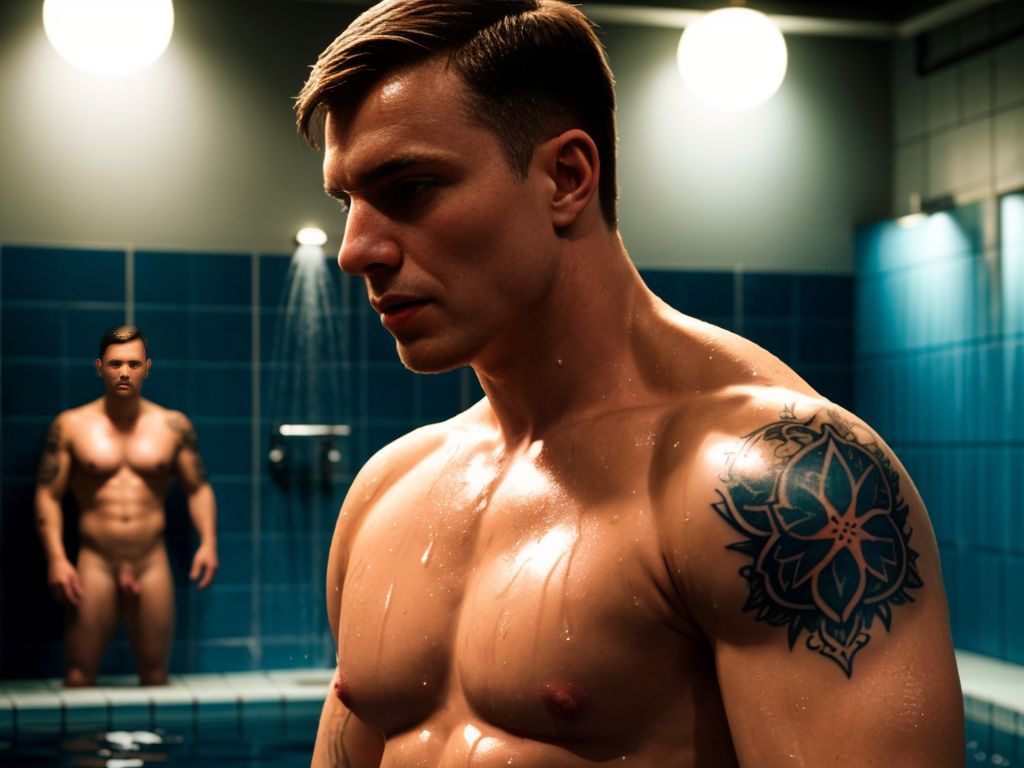 Tres hombres musculosos y desnudos en la ducha de la cárcel, agua fría cayendo, cuerpos sudorosos, penes visibles, tatuajes coloridos, miradas intensas, barrotes de metal al fondo, luz débil, sombras oscuras, gotas de agua resbalando, estilo pop art vibrante, inspirado en Andy Warhol, colores brillantes y saturados, texturas hiperrealistas.