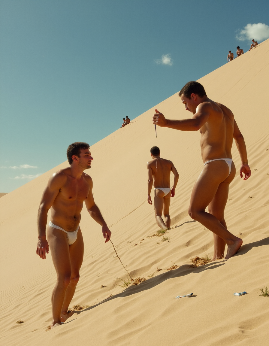 Cruising. En las dunas de Maspalomas varios hombres musculosos desnudos a cubierto de una ladera duna se muestran grandes  penes erectos que eyaculan abundantemente, en el suelo hay condones usados y un hombre a cuatro patas mostrando su culo abierto
 
0