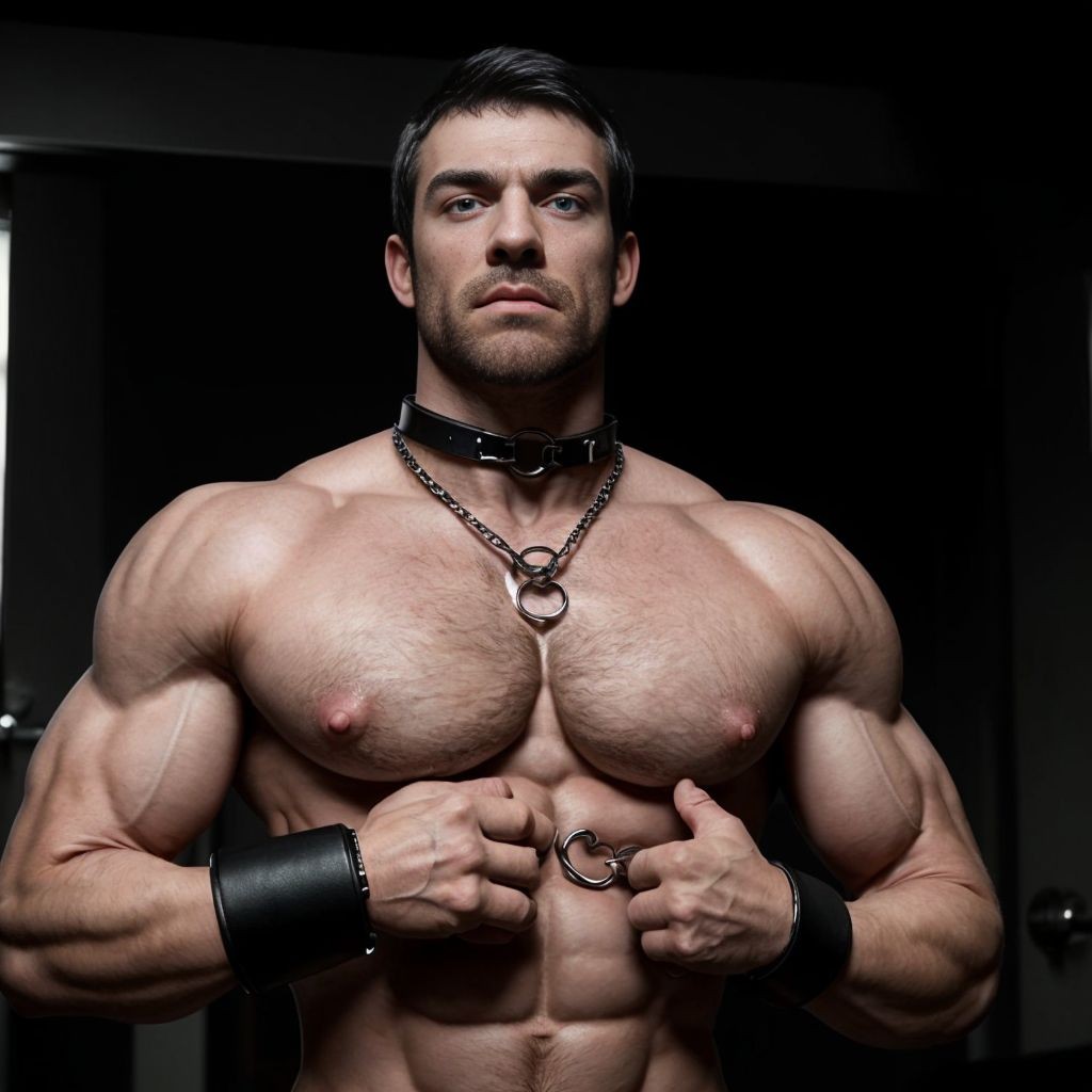 A dominant Master wearing a harness and black leather underwear, tight leather cuffs, and a leather chain around his neck, admires himself in the mirror, showcasing large muscles and prominent veins, holding a leather whip in his hand, exuding power and control.