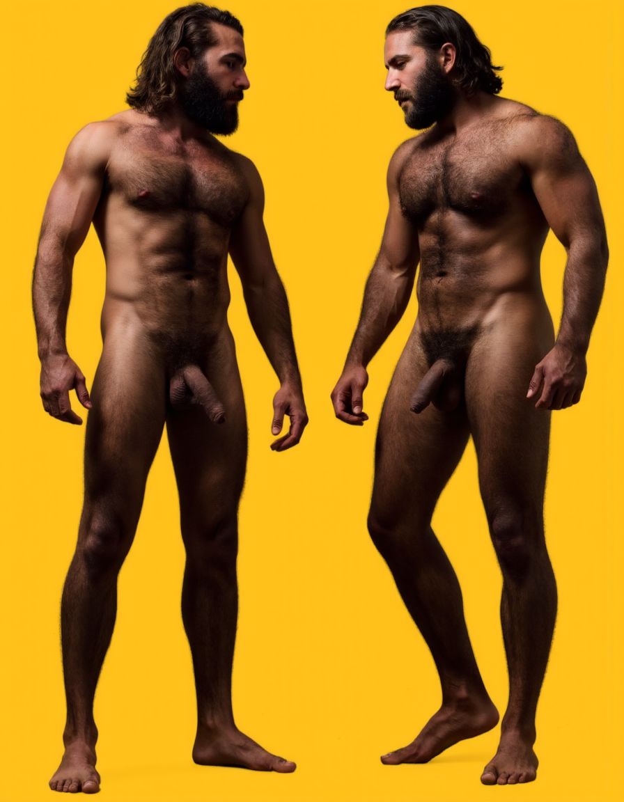 Dos guerreros musculosos delgados y altos, cuerpo completamente desnudo y velludo, mostrando polla venosa de 30 cm de longitud y 5 cm de grosor. Tienen la piel bronceada por el Sol, con pelo muy largo y barba. Tiene pies fuertes. Están contentos. Tienen músculos marcados definidos y sin nada de grasa. Tienen aspecto muy viril. Tienen cuerpo muy delgado pero con los músculos marcados y muy definidos. Están tensos haciendo fuerza para mostrar sus músculos marcados. Fondo amarillo oscuro.