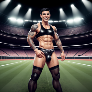 A muscular man poses smiling in the center of a stadium illuminated by large spotlights, with the stands full in the background and the sports grass stretching beneath his feet. He wears a very tight shiny black top, jockstrap- or thong-style underwear with a bulging front piece that outlines the penis, and high black stockings that cover his legs up to the thighs. His defined abdomen, broad chest, tattooed arms, and confident posture highlight a bodybuilding, fitness, and athletic exhibition aesthetic. The scene combines dramatic lighting, a competition atmosphere, a sculpted body, and provocative shiny latex or leather clothing.