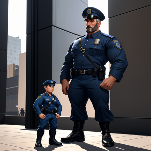 giant muscular male police officer in full uniform, standing on a plain surface, one booted foot extremely close to a tiny police officer only 1cm tall, the tiny officer also in uniform, standing right next to the giant's enormous boot, clear size difference, realistic lighting, detailed textures, focus on the contrast between the giant man and the miniature officer