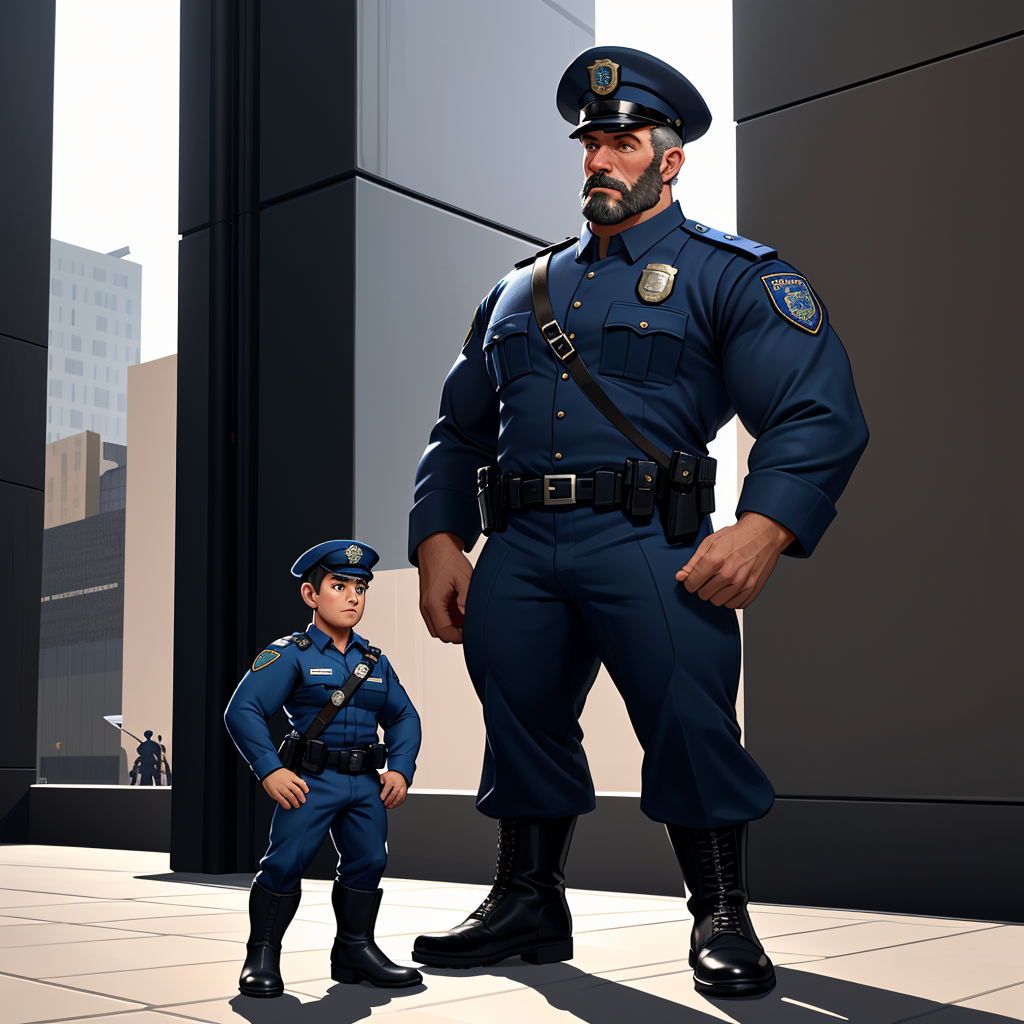 giant muscular male police officer in full uniform, standing on a plain surface, one booted foot extremely close to a tiny police officer only 1cm tall, the tiny officer also in uniform, standing right next to the giant's enormous boot, clear size difference, realistic lighting, detailed textures, focus on the contrast between the giant man and the miniature officer
